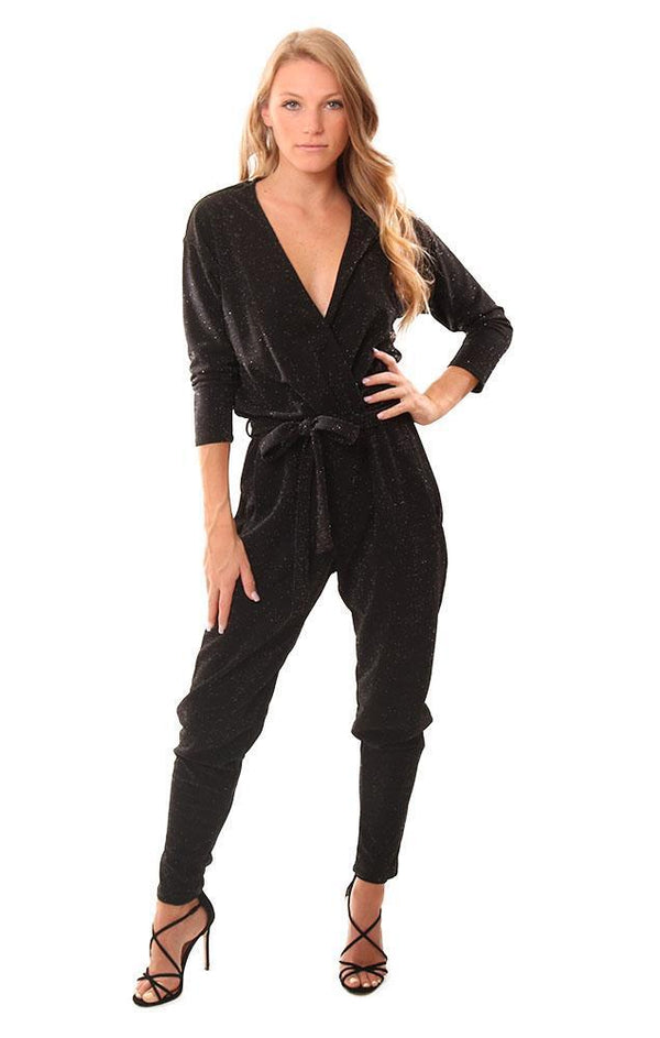 VERONICA M JUMPSUITS SPARKLE V NECK BLACK STRAIGHT LEG SHIMMER PANTSUIT