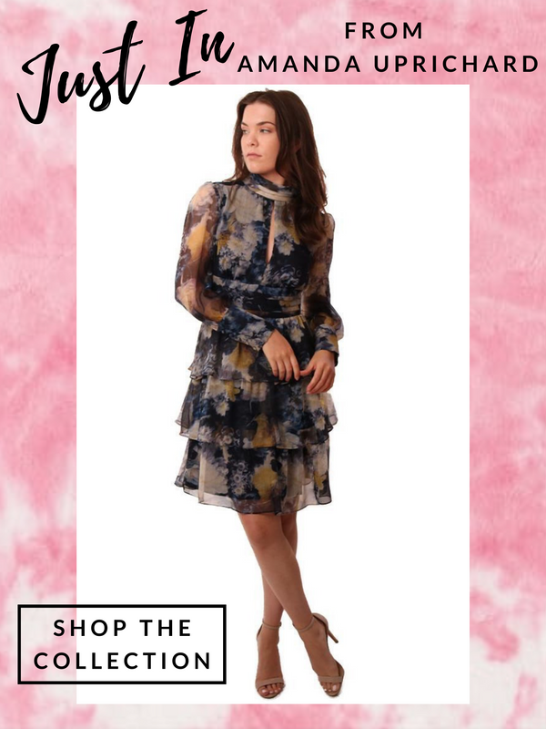 AMANDA UPRICHARD DRESSES TIE NECK DRESSY FLORAL PRINT TIERED BLUE MIDI DRESS