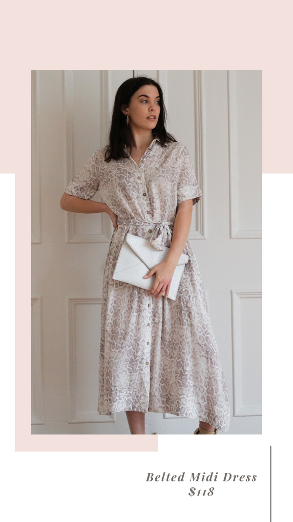 SNAKESKIN PRINT BUTTON FRONT SHORT SLEEVE BELTED MAXI DRESS