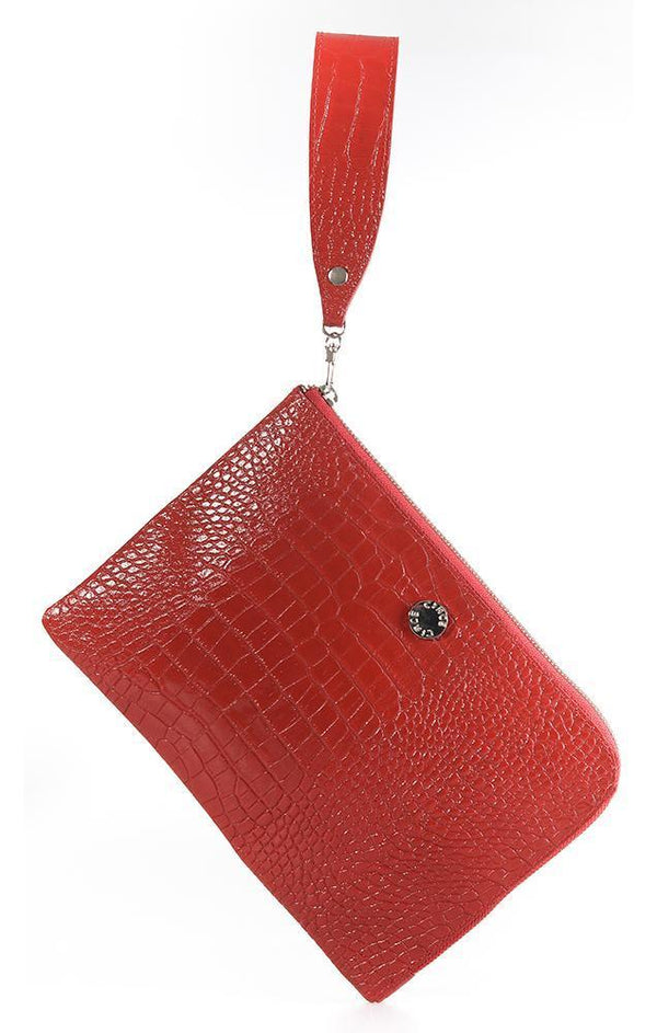 CIRCE HANDBAGS GENUINE LEATHER CROCODILE TEXTURE ZIP EDGE CLUTCH WITH RED WRIST STRAP