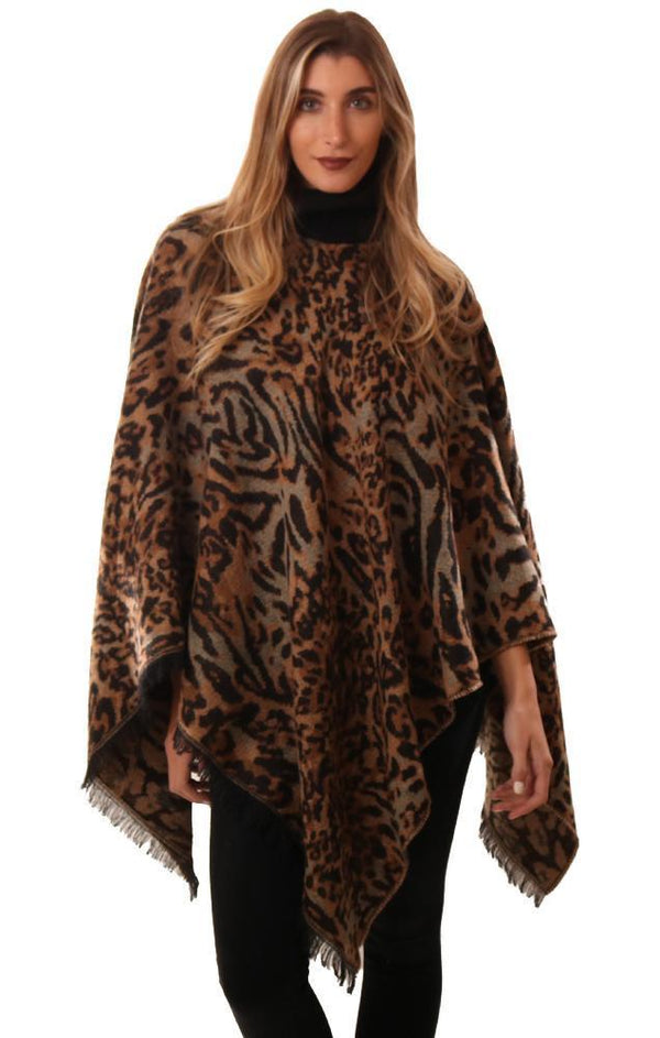 PONCHOS TURTLE NECK ANIMAL PRINT FRINGE HEM PULLOVER PONCHO SHAWL