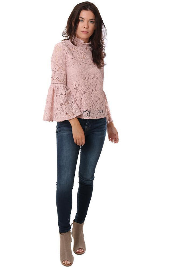 BB DAKOTA TOPS BELL SLEEVE LACE HIGH NECK BUTTON UP PINK BLOUSE