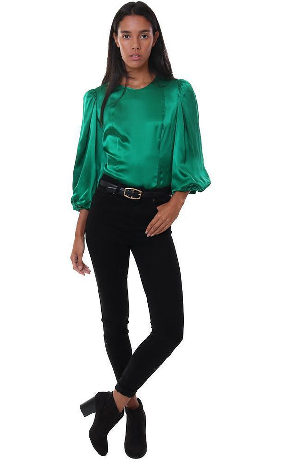 AMANDA UPRICHARD TOPS BLOUSON SLEEVES FITTED SILK CHIC GREEN DRESSY BLOUSE