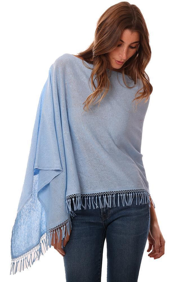 IN CASHMERE PONCHOS LINEN FRINGE TRIM LIGHT BLUE SHAWL TOPPER