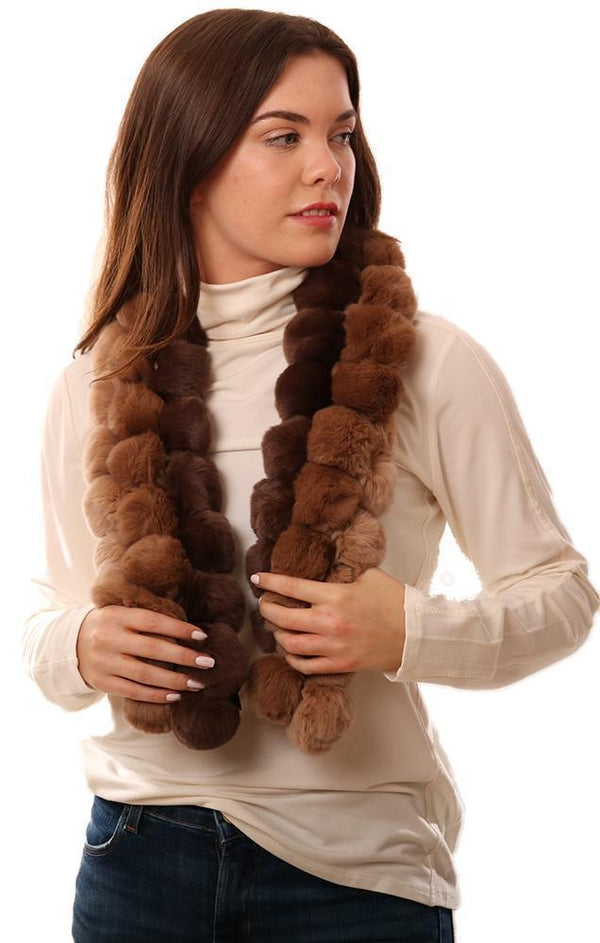 SCARVES GENUINE FUR POM POM BROWN SCARF