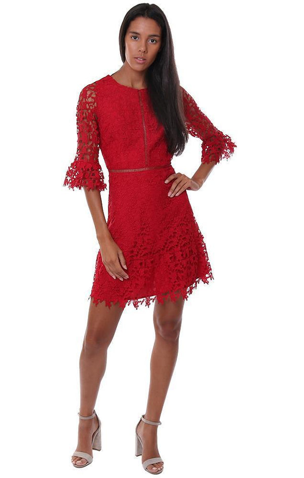 BB DAKOTA DRESSES LACE DETAIL 3/4 BELL SLEEVE RED PARTY MINI DRESS