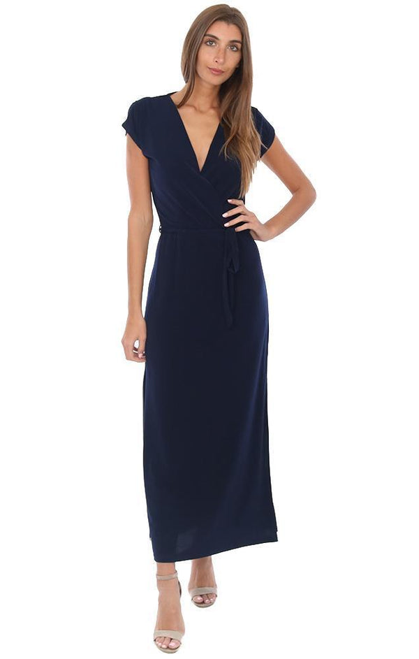 VERONICA M DRESSES SHORT SLEEVE V NECK TIE WAIST NAVY MAXI DRESS