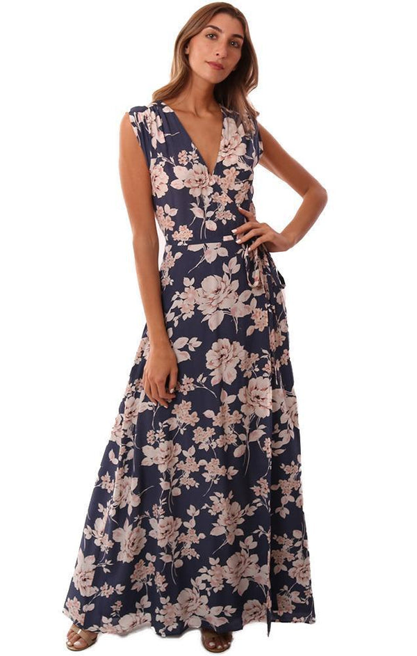 YUMI KIM DRESSES V NECK WRAP FLORAL PRINTED SILK NAVY DRESSY MAXI DRESS