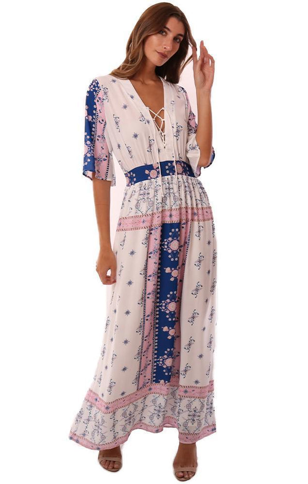 Q&A DRESSES LACE UP V NECK PRINTED FLOWY MAXI DRESS