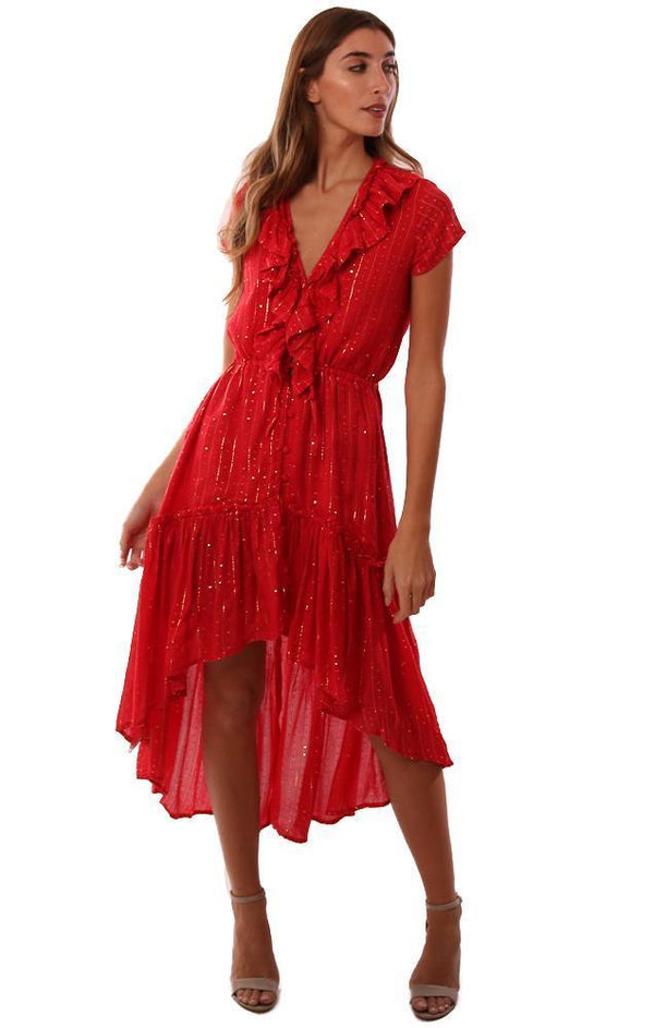 SUNDRESS DRESSES RUFFLE V NECK SHORT SLEEVE BUTTON UP HI LOW RED MIDI DRESS