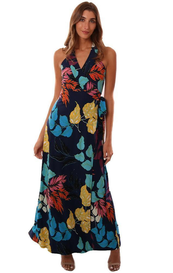 VERONICA M DRESSES V NECK SLEEVELESS WRAP TIE WAIST COLORFUL FLORAL PRINTED MAXI DRESS