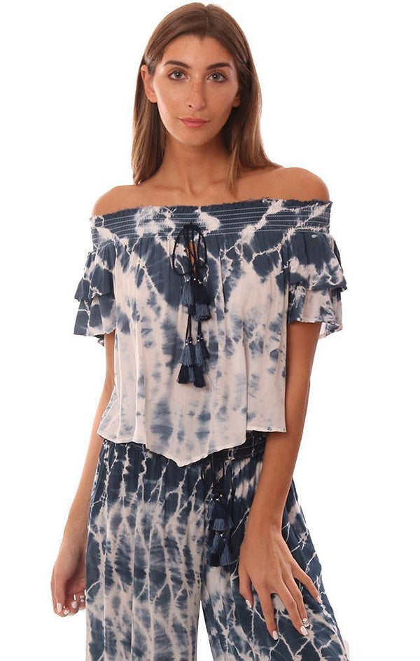 VINTAGE HAVANA TOPS OFF THE SHOULDER RUFFLE SLEEVE TIE DYE FLOWY BLOUSE