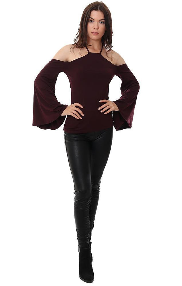 SUSANA MONACO TOPS HALTER NECK OFF THE SHOULDER WIDE BELL SLEEVE FITTED BURGUNDY TOP