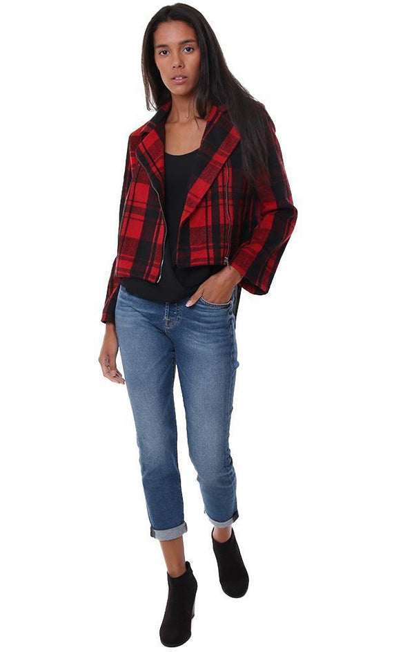 JACK BY BB DAKOTA JACKETS RED BLACK PLAID ZIPPER FRONT FLARE SLEEVE FALL COAT