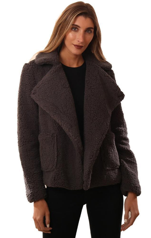 BB DAKOTA JACKETS COLLARED FAUX FUR CHARCOAL COZY TEDDY COAT