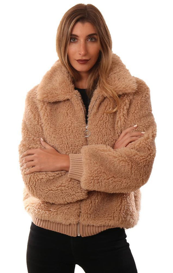 HEARTLOOM JACKETS ZIP UP COZY FAUX FUR TAN COLLARED TEDDY COAT