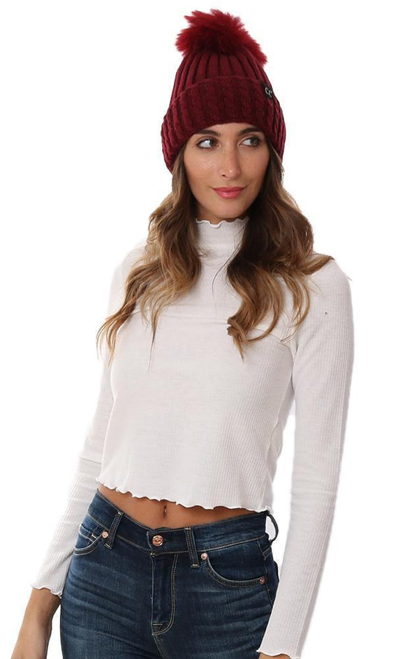 HATS KNIT RIBBED FOLDOVER FUR POM POM BEANIE BURGUNDY WINTER HAT