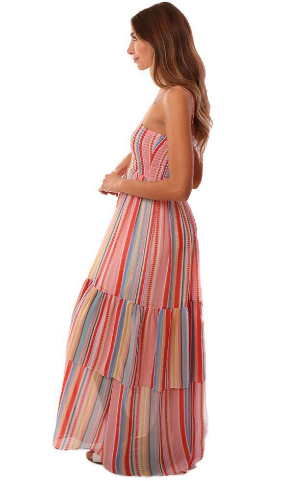 JACK BY BB DAKOTA DRESSES SMOCKED RUFFLE COLORFUL STRIPED MAXI DRESS