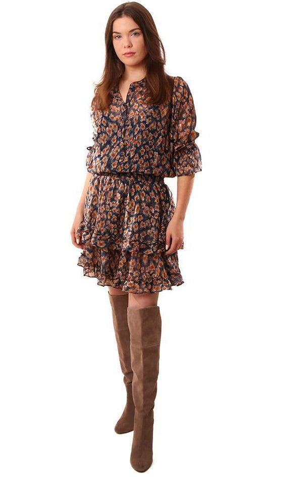 DRESSES RUFFLED FLORAL PRINTED SMOCKED WAIST NAVY TAN MINI DRESS