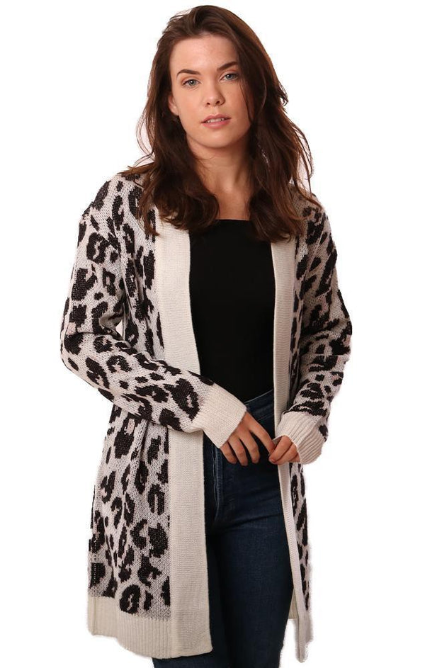 BB DAKOTA CARDIGANS OPEN FRONT ANIMAL PRINT IVORY BLACK KNIT CARDI