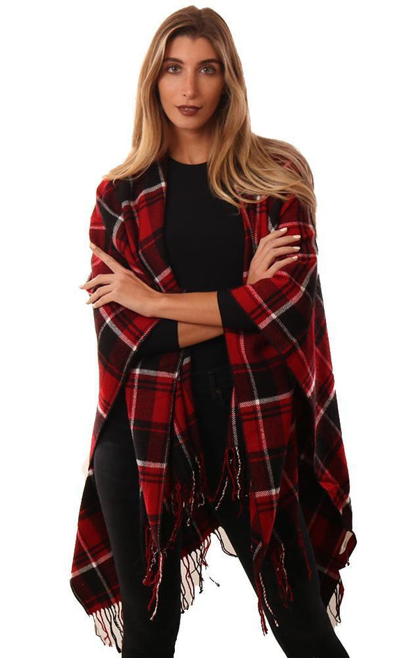 SHAWLS FRINGE TRIM BLACK RED PLAID KNIT RUANA WRAP