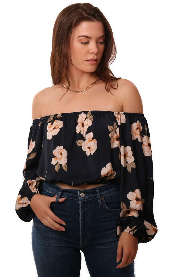 BB DAKOTA TOPS OFF THE SHOULDER LONG FLOWY SLEEVE CROPPED FLORAL PRINT BLOUSE