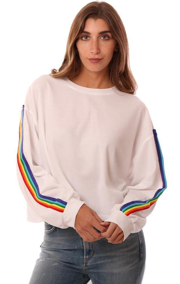 SIX FIFTY TOPS RAINBOW STRIPE LONG SLEEVE WHITE PULLOVER SWEATSHIRT