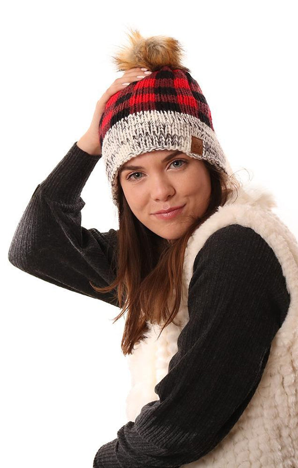 Hats Cozy Knit Warm Winter Faux Fur Pom Pom Buffalo Plaid And Ivory Beanie