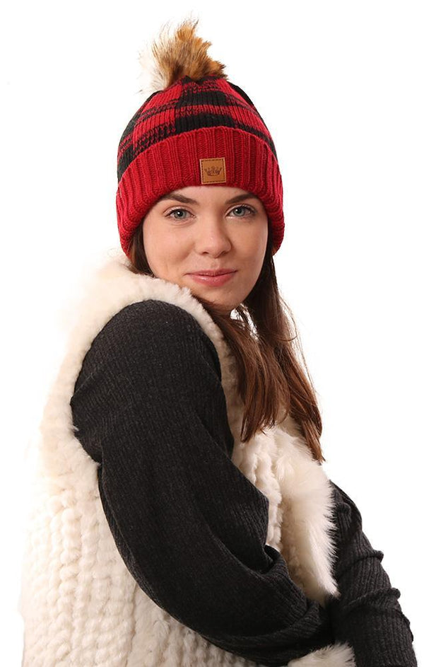 Cozy Knit Faux Fur Pom Pom Warm Winter Foldover Buffalo Plaid Red And Black Beanie