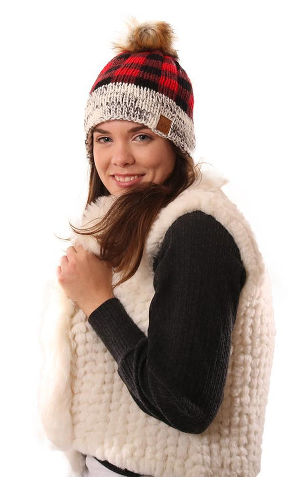 Hats Cozy Knit Faux Fur Pom Pom Buffalo Plaid And Ivory Warm Winter Beanie