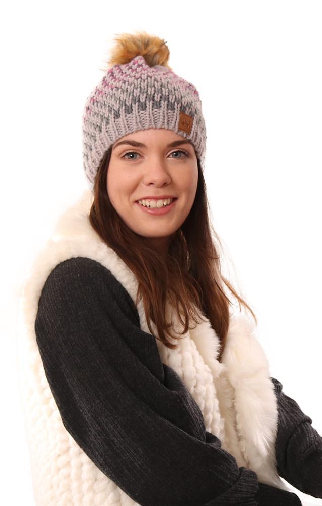 Cozy Knit Faux Fur Pom Pom Patterned Pink And Blue Warm Winter Beanie