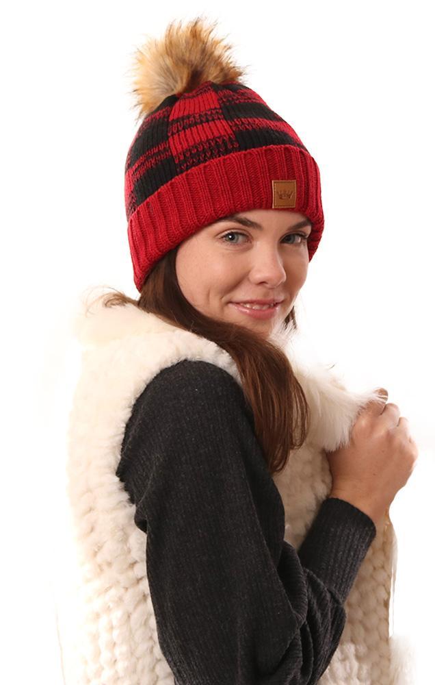 Cozy Knit Faux Fur Pom Pom Foldover Buffalo Plaid Red And Black Warm Winter Beanie