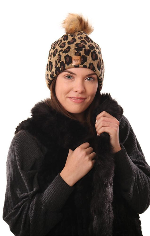 Cozy Knit Faux Fur Pom Pom Animal Print Black And Tan Warm Winter Beanie