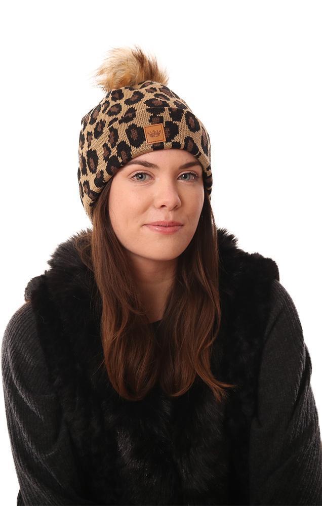 Cozy Knit Warm Winter Faux Fur Pom Pom Animal Print Black And Tan Beanie