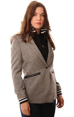 Central Park West Jackets Snap Front Grey Plaid Blazer With Black Knit Insert