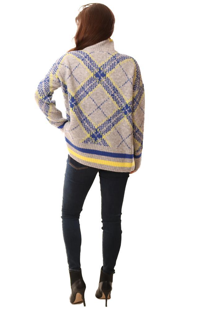 Central Park West Sweaters Argyle Printed Grey Blue Yellow Knit Pullover Turtleneck Sweater