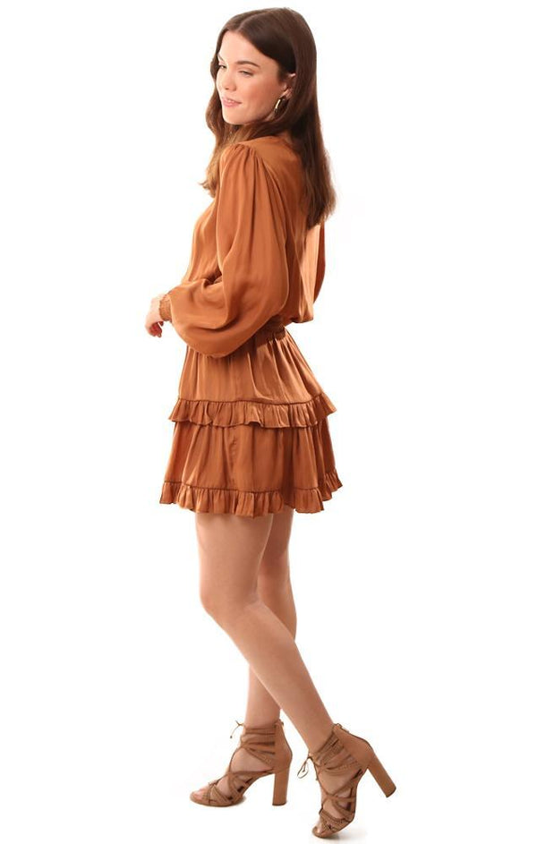 Do And Be Dresses Smocked Waist Long Sleeve Layered Ruffle Silky Brown Mini Dress