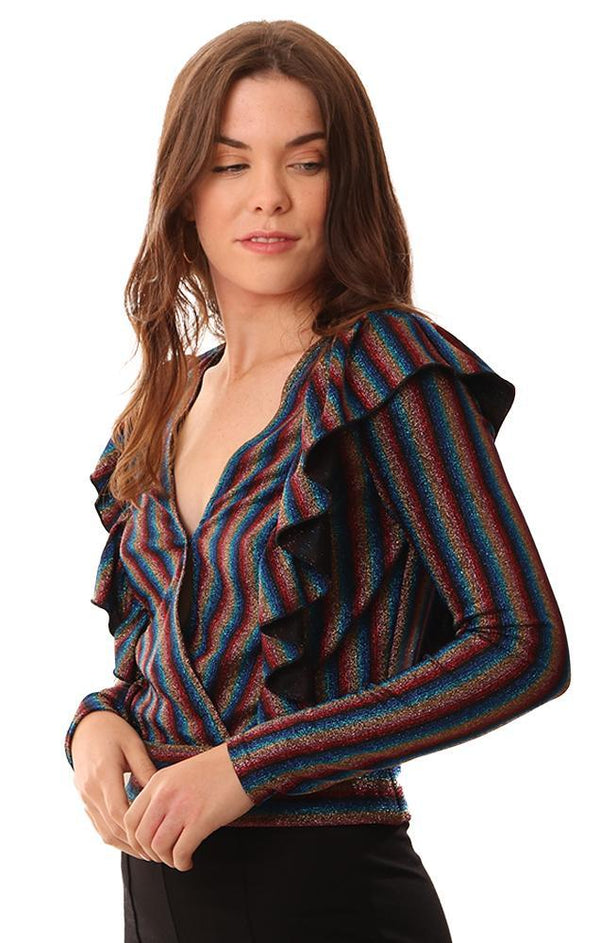 Saylor Tops Long Sleeve Ruffle V Neck Metallic Rainbow Shirt