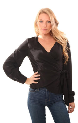 Do And Be Tops Wrap Style Long Sleeve Dressy Black Blouse