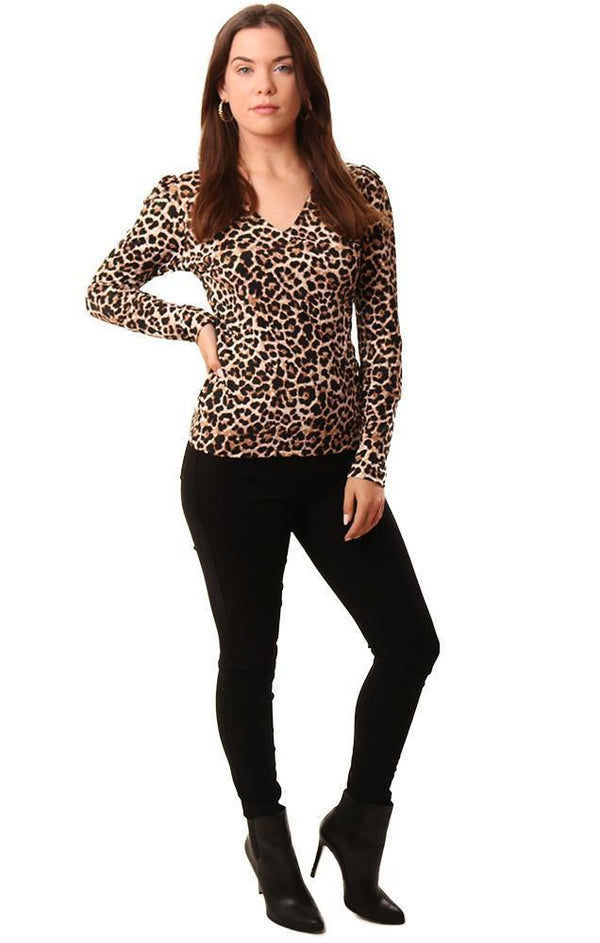 Veronica M Tops V Neck Pouf Sleeve Black Tan Animal Print Soft Pullover Top