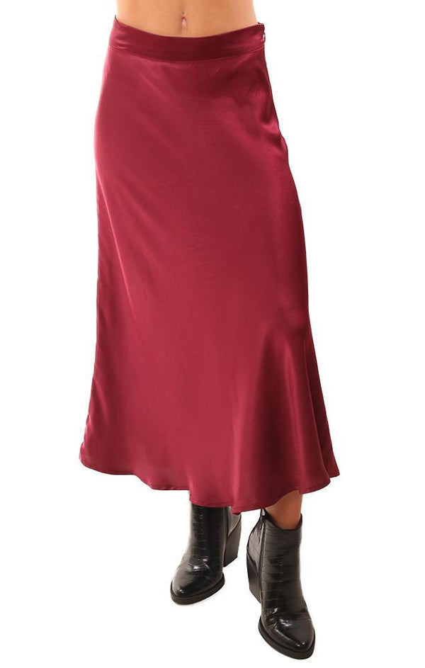 Skirts Flowy Flutter Hem Satin Burgundy Flare Skirt