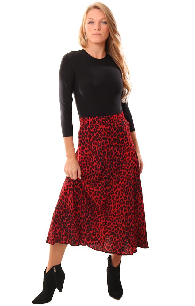 Skirts Flowy Flutter Hem Leopard Printed Red And Black Flare Skirt