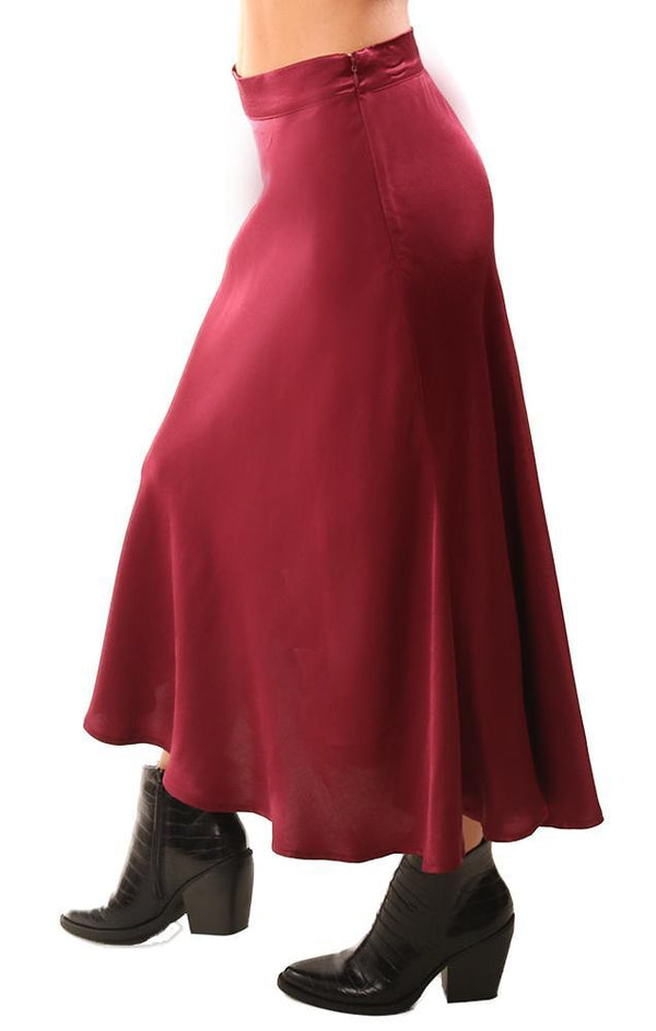 Skirts Flowy Satin Burgundy Flutter Hem Flare Skirt