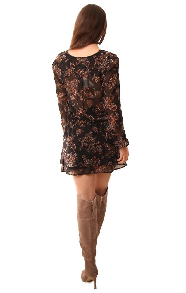 Veronica M Dresses Smocked Waist Tie Neck Floral Printed Black Brown Mini Dress