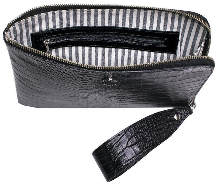 Circe Handbags Genuine Leather Black Wrist Strap Crocodile Texture Zip Edge Clutch