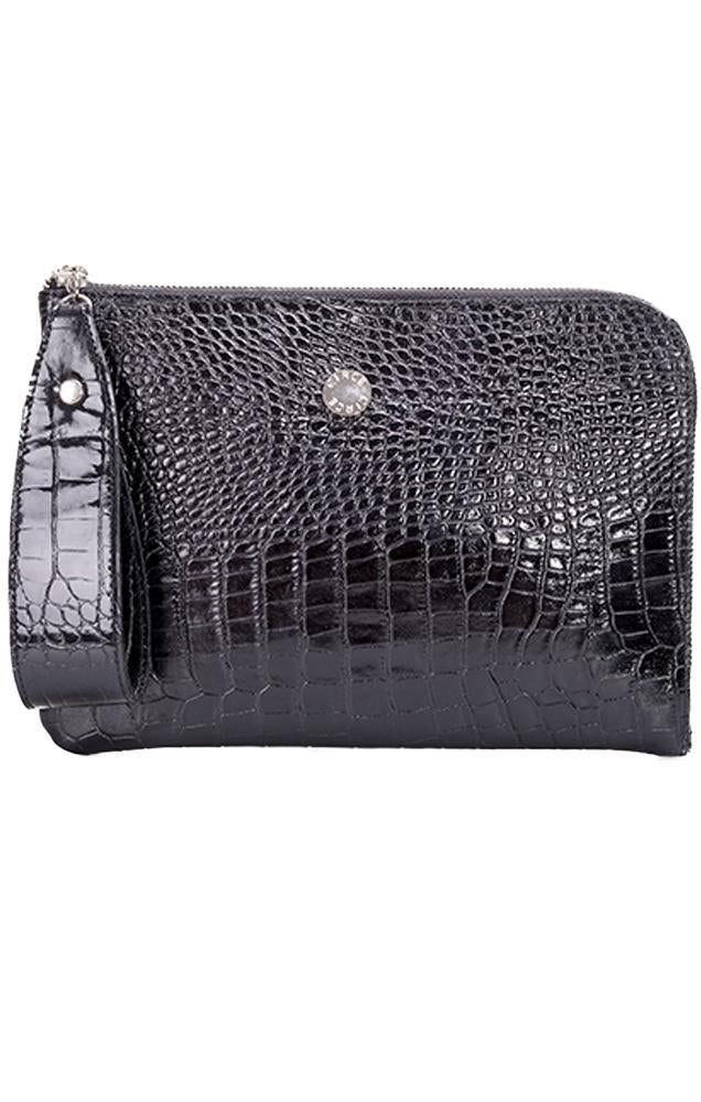 Circe Handbags Genuine Leather Zip Edge Clutch Crocodile Texture With Black Wrist Strap