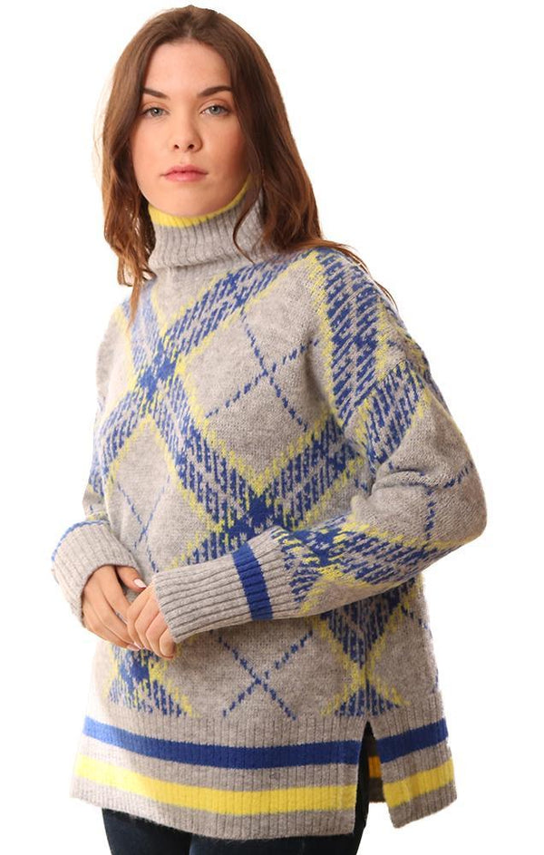 Central Park West Sweaters Turtleneck Argyle Printed Grey Blue Yellow Knit Pullover Sweater