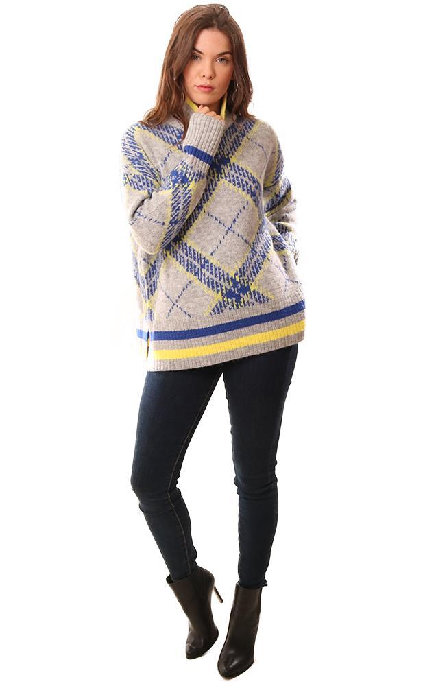 Central Park West Sweaters Argyle Printed Turtleneck Grey Blue Yellow Knit Pullover Sweater