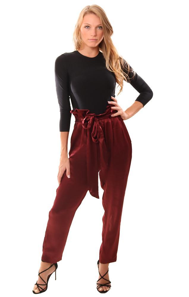 Amanda Uprichard Pants Silk High Waisted Belted Cropped Ankle Burgundy Pant