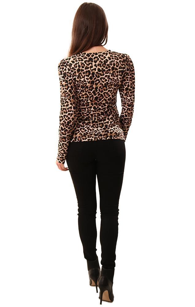 Veronica M Tops V Neck Black Tan Pouf Sleeve Animal Print Soft Pullover Top